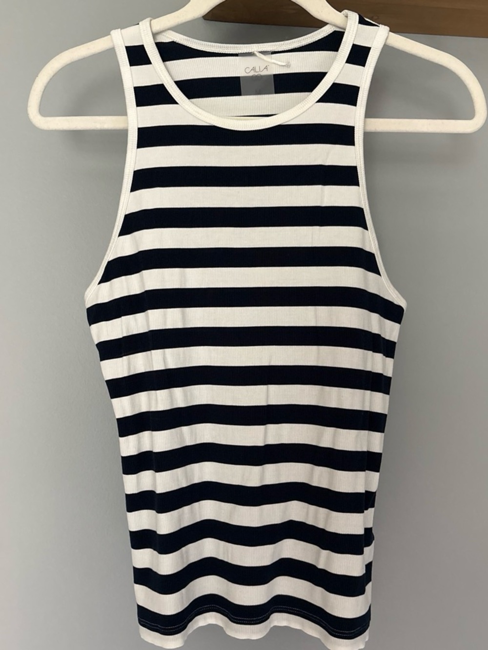 CALIA by Carrie Underwood Black and White Striped Ribbed Tank
